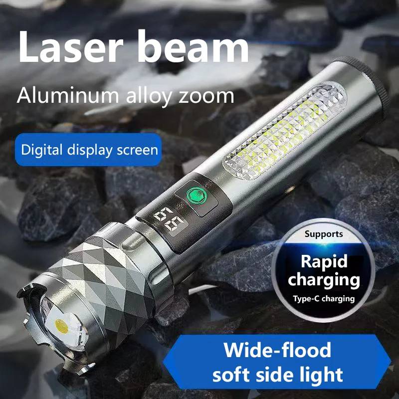 Lenovo High Lumens LED Flashlight Rechargeable USB-C Torch Aluminum Alloy Waterproof Camping Light with Power Display Side Light