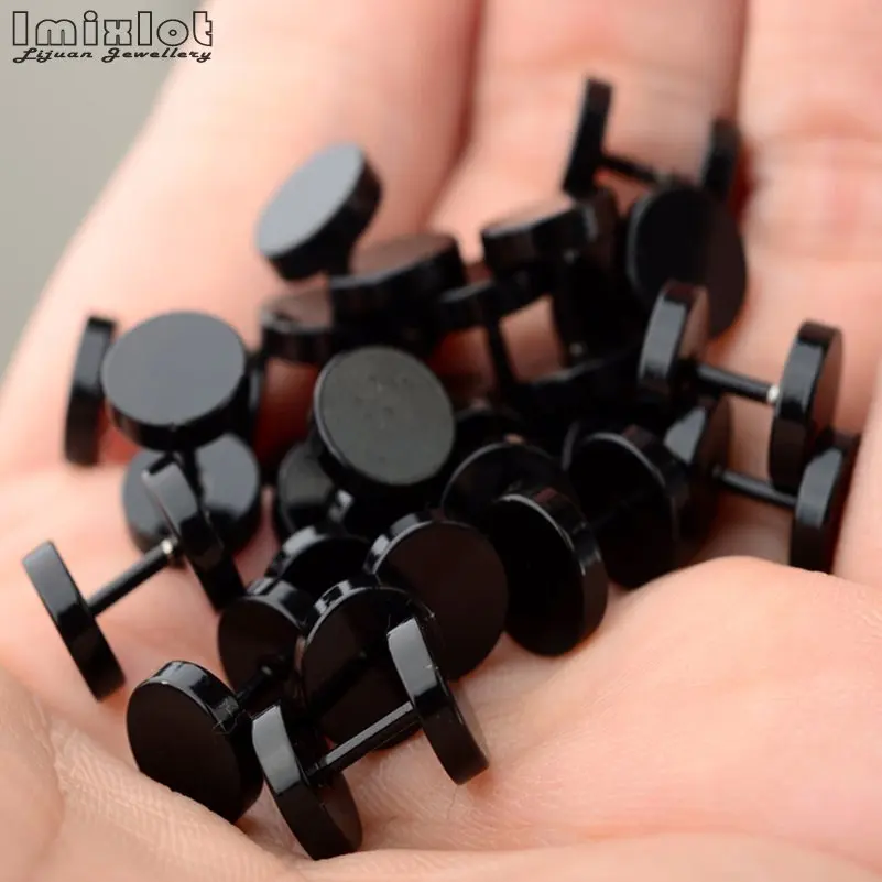 Wholesale 6mm-14mm 10pcs/Lot Black Stainless Steel Fake Cheater Ear Plugs Gauge Body Jewelry Pierceing Earring For Men