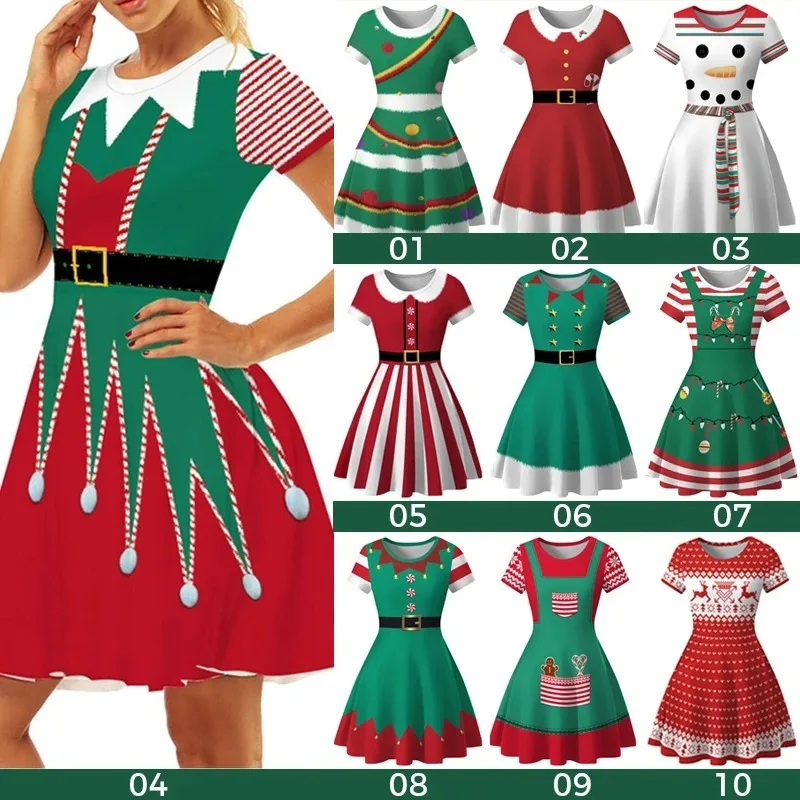 Christmas Dress Women Winter Santa Printed Big Swing Dresses 50S 60S Vintage Female Xmas Party Dress Robe