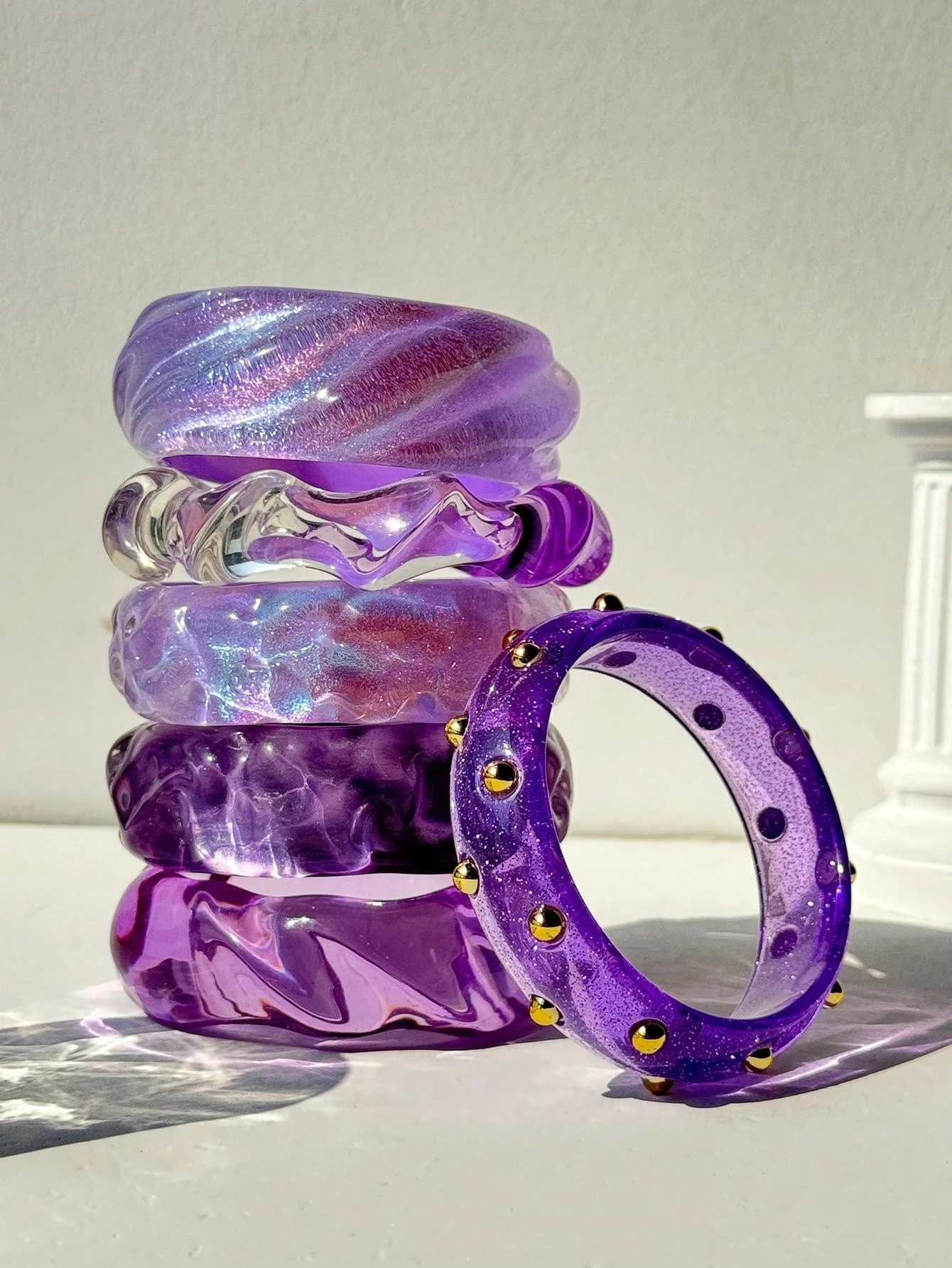 1pc Asymmetrical Transparent Resin Bracelet In Bright Purple, Unique Design, Suitable For Summer Vacation Layering, Gift For Fri