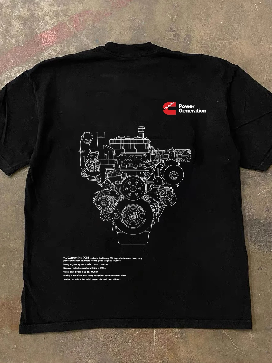 Cummins X15 Engine Sketch Print Cotton Short Sleeve T-Shirt for Tractor Engineering Machinery Lovers Breathable Casual Tee