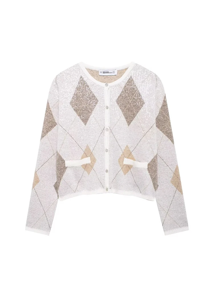 

2024 New Autumn/Winter Women Geometric Printed Cardigan Ladies Fashion Casual Round Neck Knitted Jacket
