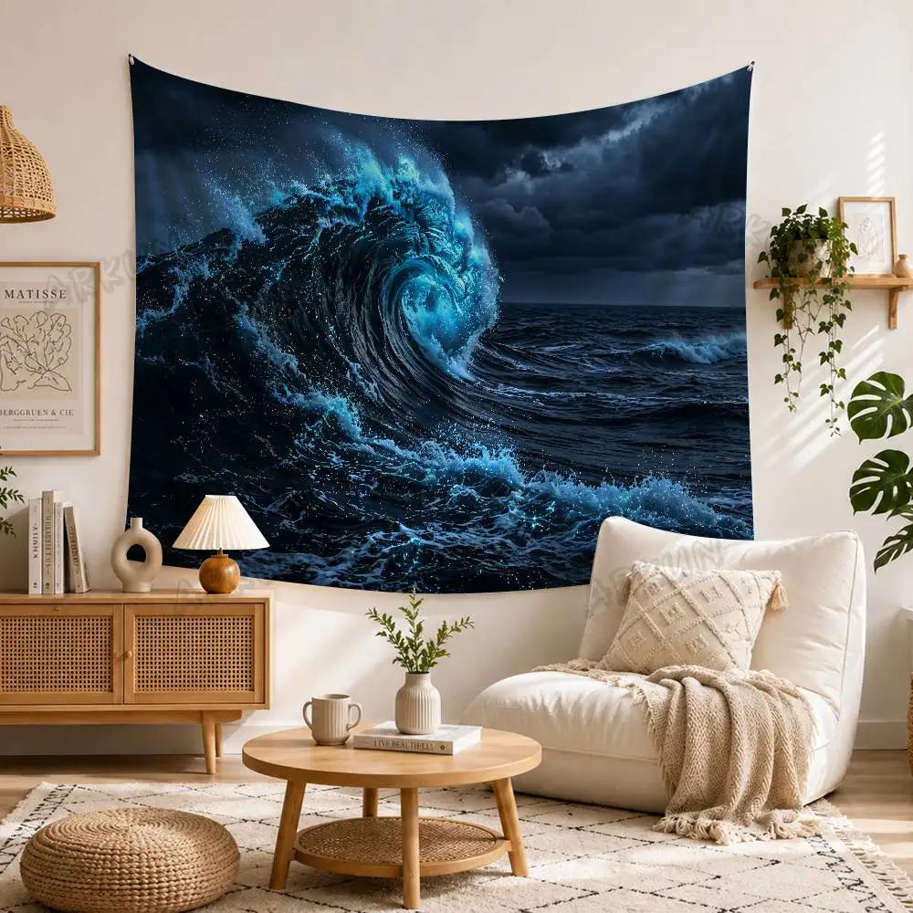 Glowing Blue Ocean Wave Tapestry, Dark Stormy Sea Curling Surf Wall Hanging, Mystical Luminous Sea Wave Nature Scenery Decor