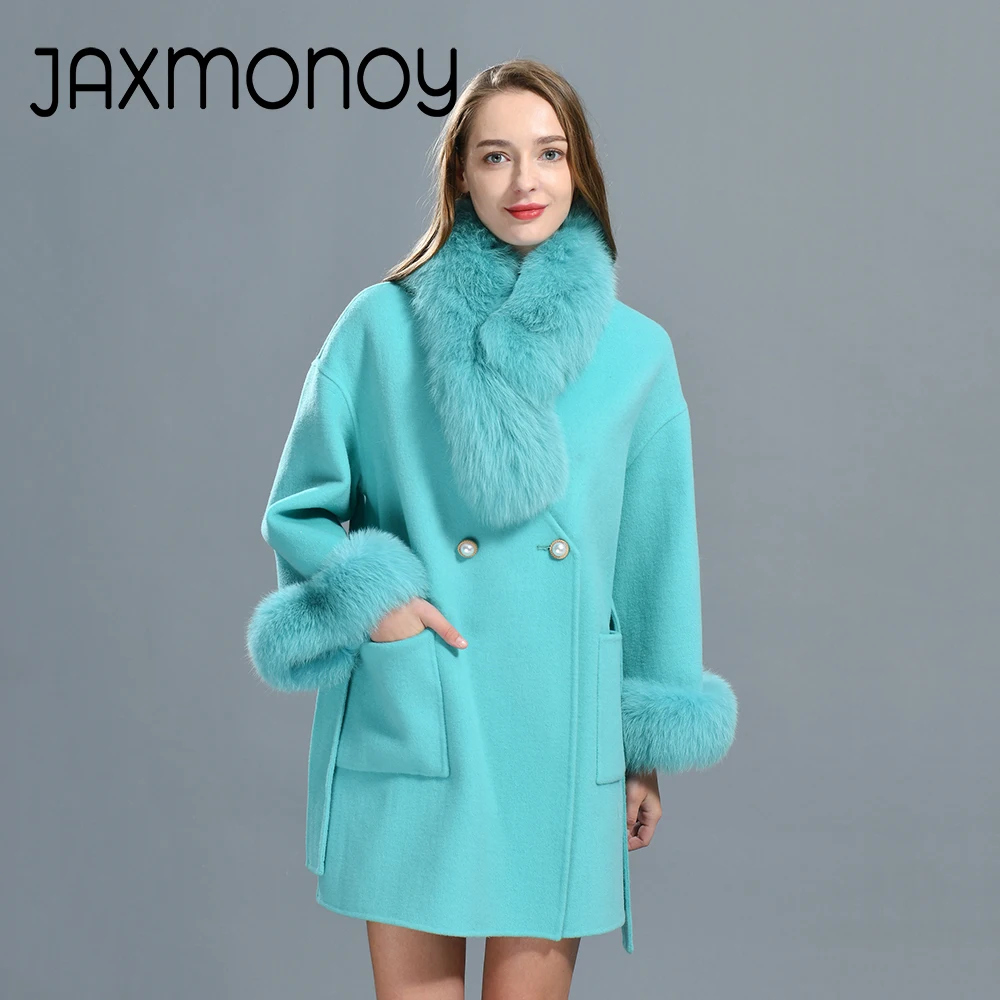 

Jaxmonoy Women Winter Cashmere Coat Fox Fur Collar Removable Ladies Real Fox Fur Cuffs Autumn medium-long Wool Blend Outwear