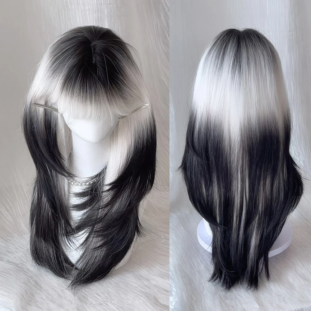 Long Straight Synthetic Black Ombre White Wigs with Bangs Fluffy Women Lolita Cosplay Wig for Daily Party