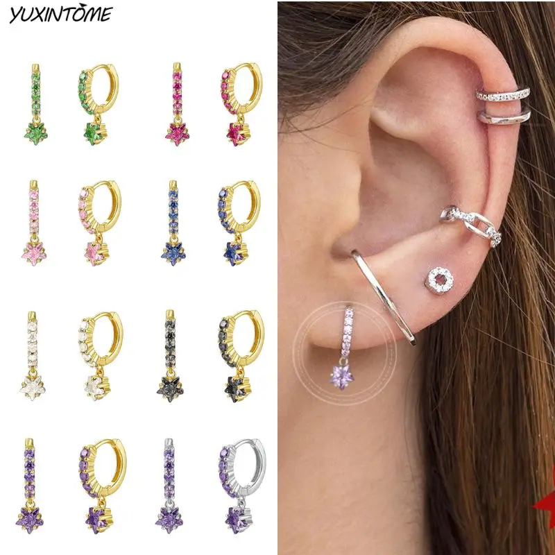 925 Sterling Silver Needle Purple CZ Star Hoop Earrings Fashion Ins Style Women Lady Gold Earings Party Young Girl Jewelry