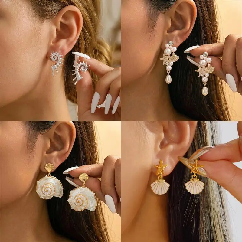 Bohemian Spiral Seashell Starfish Earrings for Women Lightweight Conch Drop Jewelry for Summer Outdoor Activity Gift
