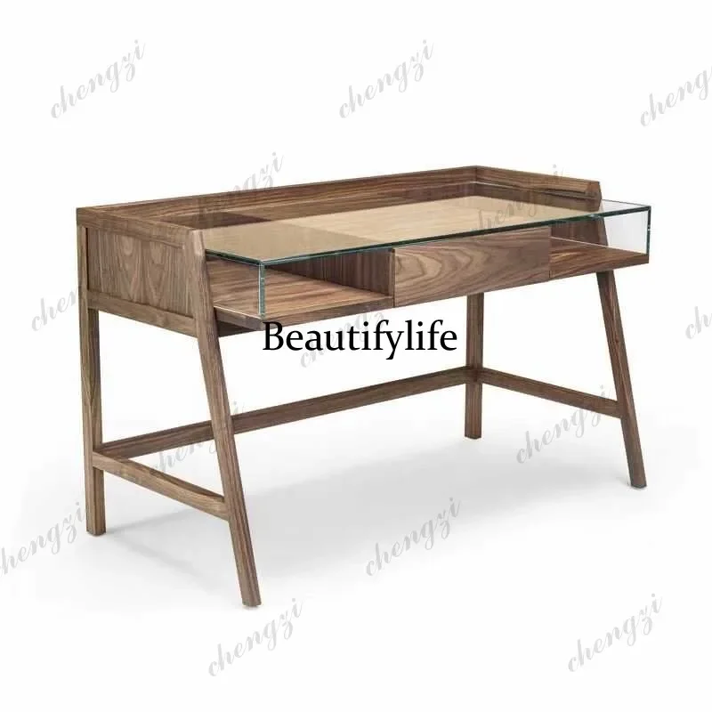 JJ132 Italy North America Black Walnut Desk Glass Surface Desk Computer Study Table
