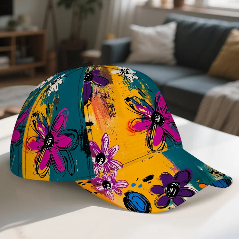 Colorful Abstract Flowers Print Classic Baseball Cap Casual Duckbill Hat Adjustable Design Ideal for Casual Attire Great