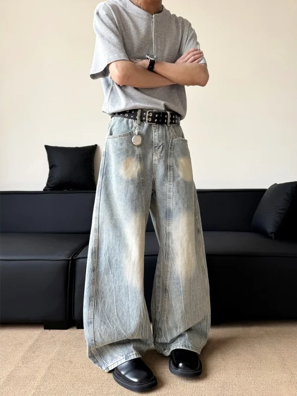 Jean en Denim rétro américain pour hommes, ample, jambes larges, droit, longueur au sol, pantalon tendance, Design au couteau, Sensation