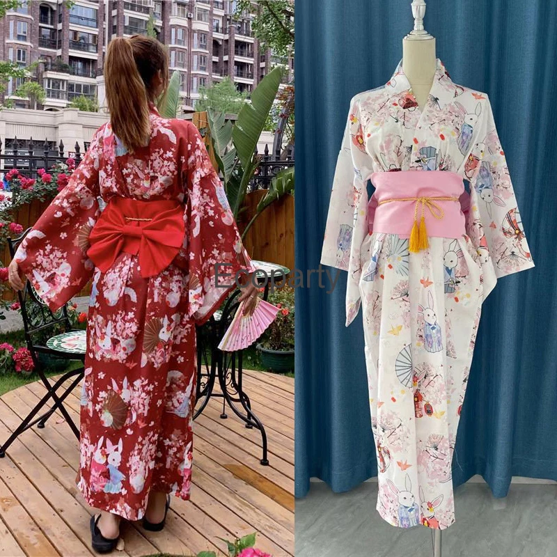 

Women's Kawaii Japanese Yukata Set Red Rabbit Printed Traditional Japan Kimono Dress Girdle Suit Female Summer Festival Bathrobe