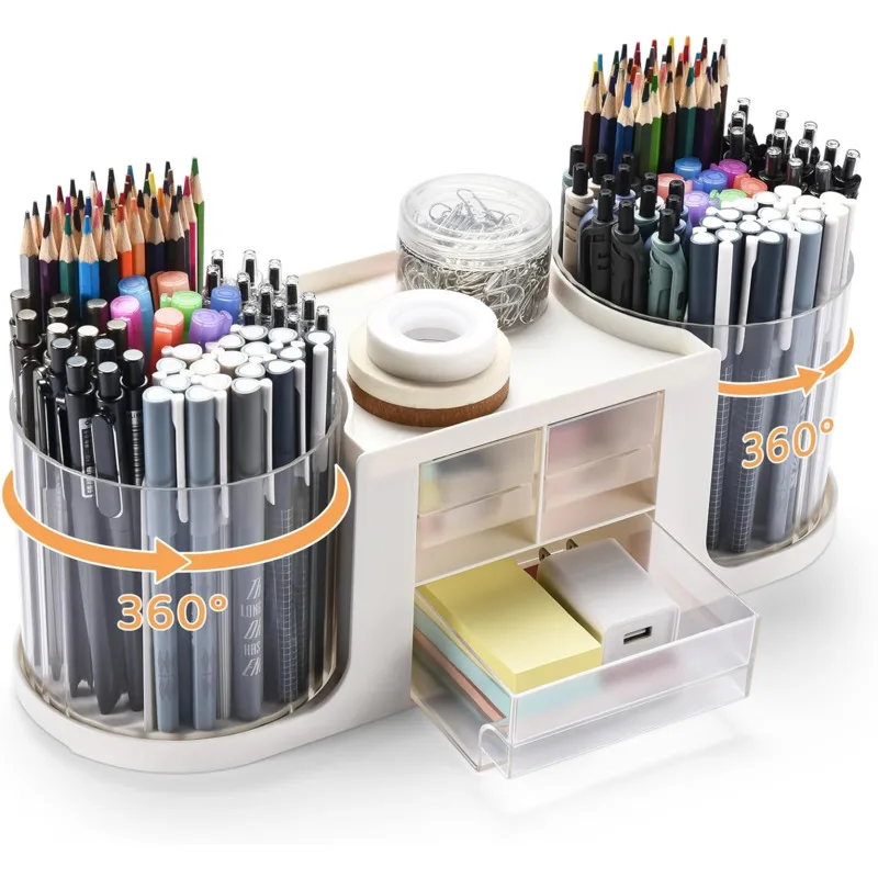 Dual Rotating Pen Holder Storage Box Plastics Desk Organizer With Drawer Art Supply Storage Box Caddy For Office Back To School