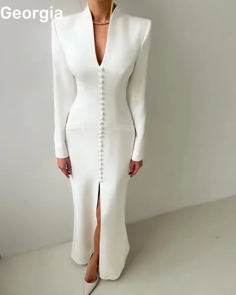 Personalizar vestidos de noche columna dividida con cuello en V vestidos para ocasiones formales cremallera hasta mangas largas vestidos de graduación hasta el suelo cumpleaños