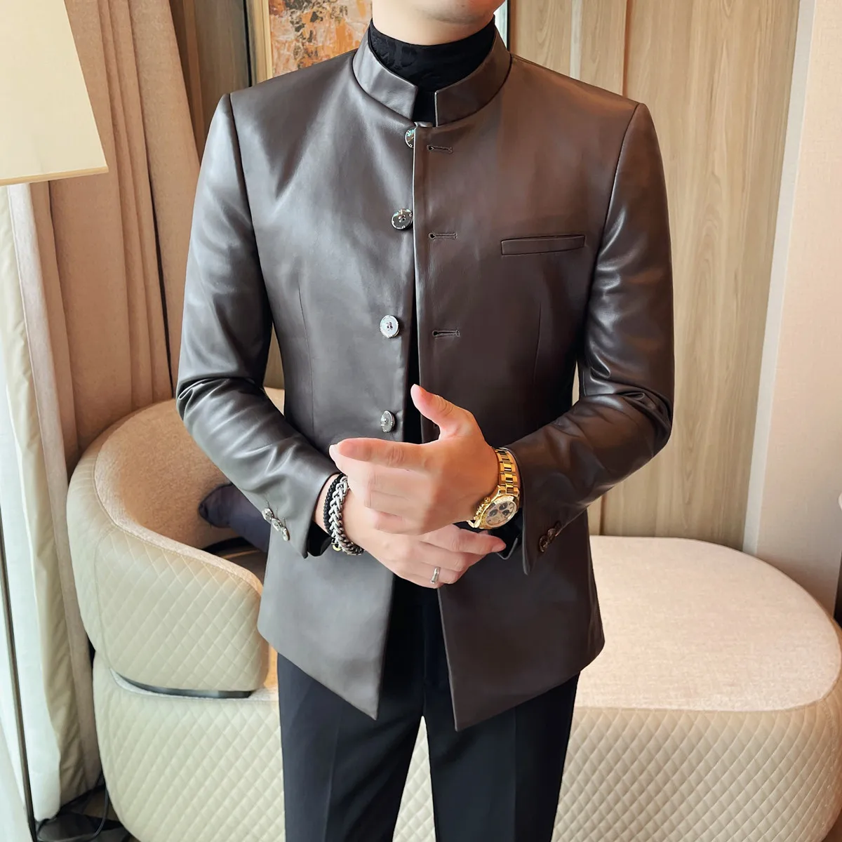 

Chinese Style Stand Collar Leather Suit Jacket Men's Fashion Slim Casual Business Blazers Single Breasted Social Banquet PU Coat