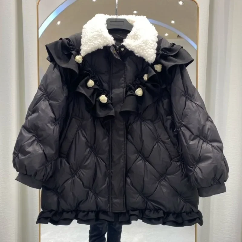 Turn Down Collar Ruffles Patchwork Stereo Flower Coats Zipper Loose Argyle-embossed Puffer Jacket Winter Vintage Clothes Parkas