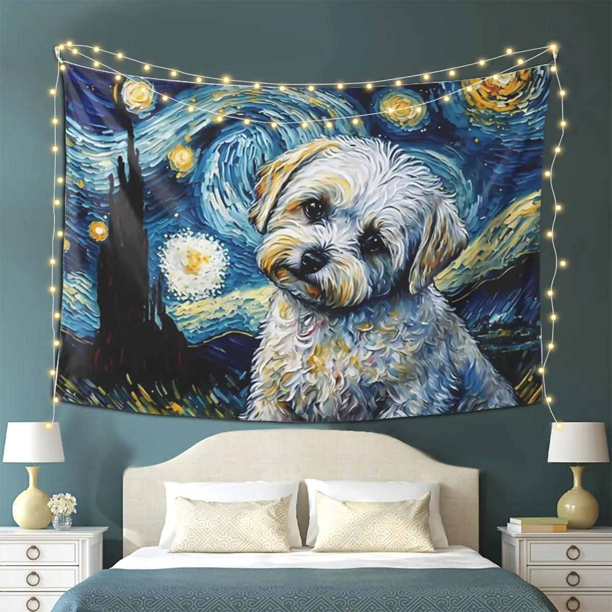 

Maltese Terrier Puppy Starry Night Tapestry Wall Hanging Aesthetic Home Decor Tapestries for Living Room Bedroom