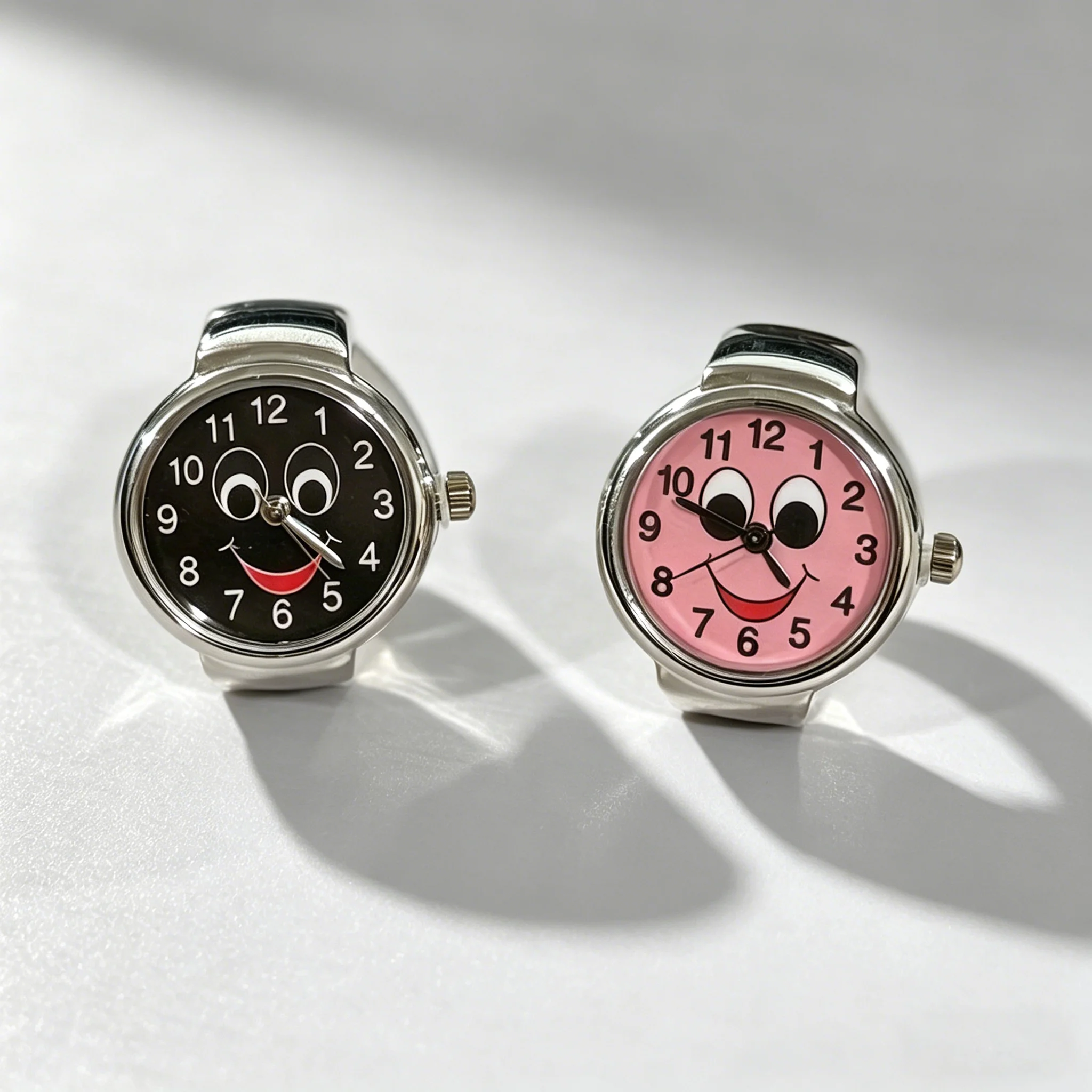 Funny Expression Face Watch Ring - Retro Mini Wristwatch Style Ring, Silver Plated & Adjustable Band