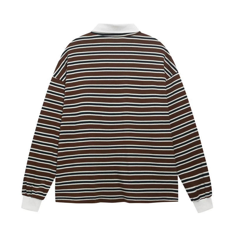 MAQVOB Top Quality EU US Size Retro Striped Letter Embroidery Long Sleeve Polo Shirt Autumn Loose Versatile Tshirt for Men Women