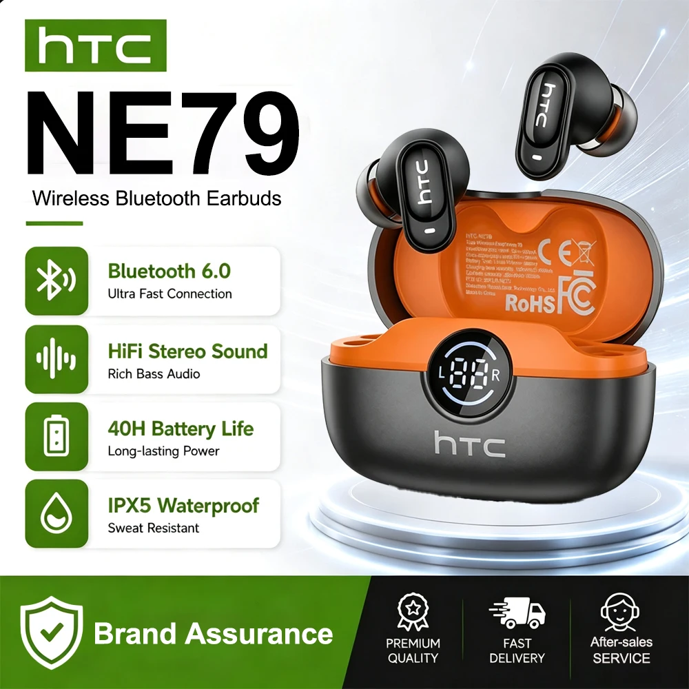 Fone de Ouvido HTC NE79 com Tradução em Tempo Real, Bluetooth, Música HiFi, Chamada HD, Redução de Ruído, Fone Sem Fio com Display LED e Microfone