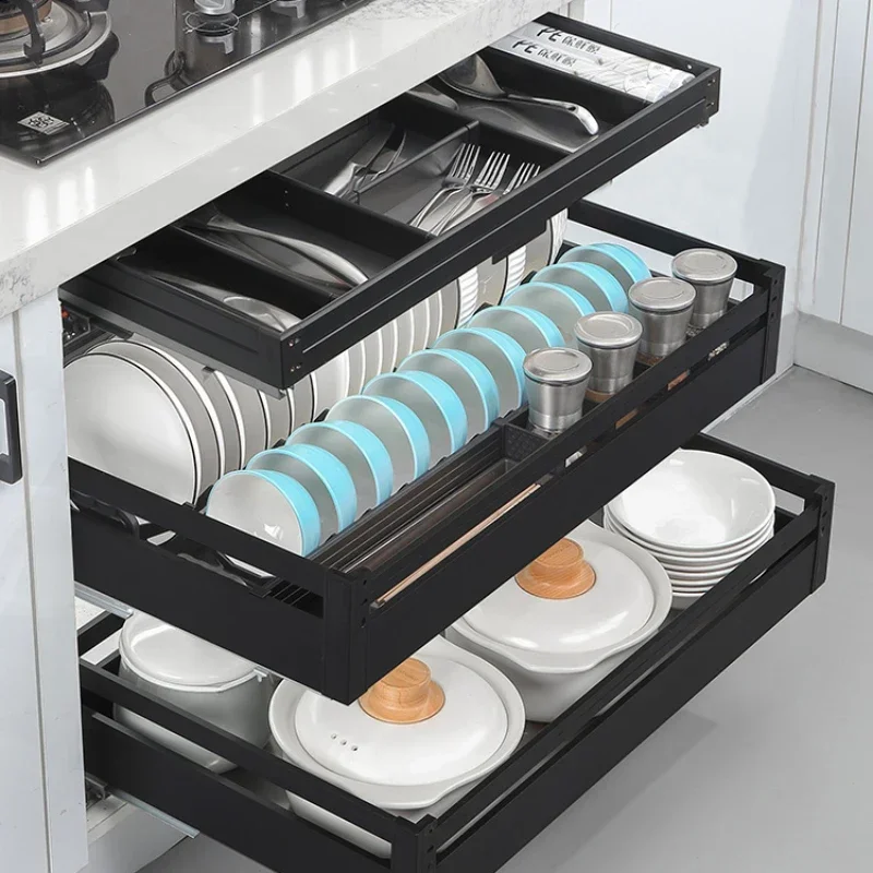 

Basket kitchen cabinet 304 stainless steel double drawer seasoning basket cabinet storage dishes and bowls.