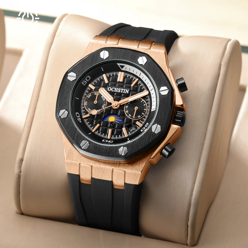 メンズ自動機械式時計クロノグラフ多機能防水シリコンベルト腕時計 Montres mécaniques pour hommes
