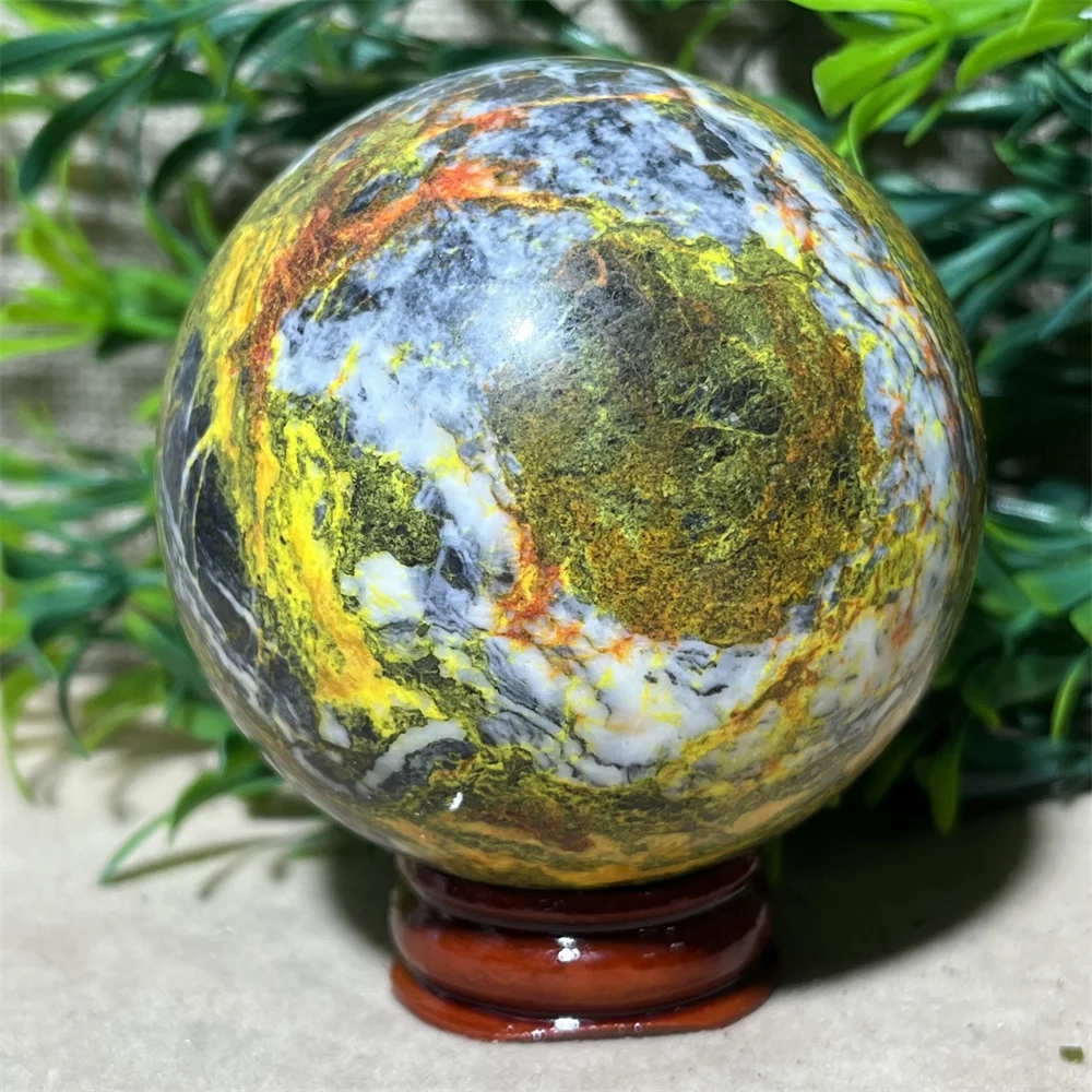 Natural Realgar Sphere Ball Crystal Yellow Stone Quartz Beauty Spiritual Reiki Minerals Gemstone Healing Home Decoration + Stand