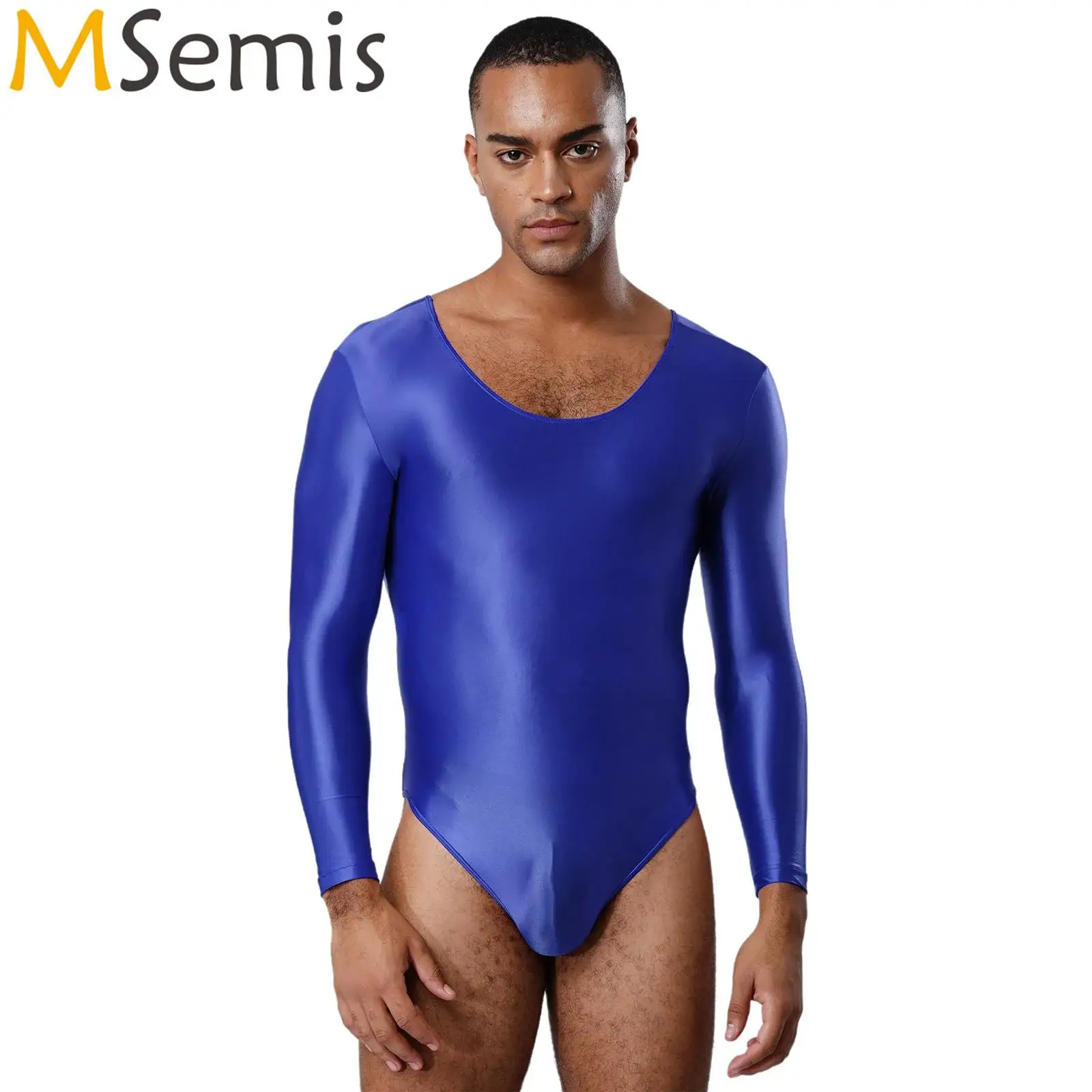 

Swimwear Mens One Piece Lingerie Swimsuit Nightwear Clubwear Fitness Glossy Smooth Stretchy Long Sleeve Swim Leotard Bodysuit