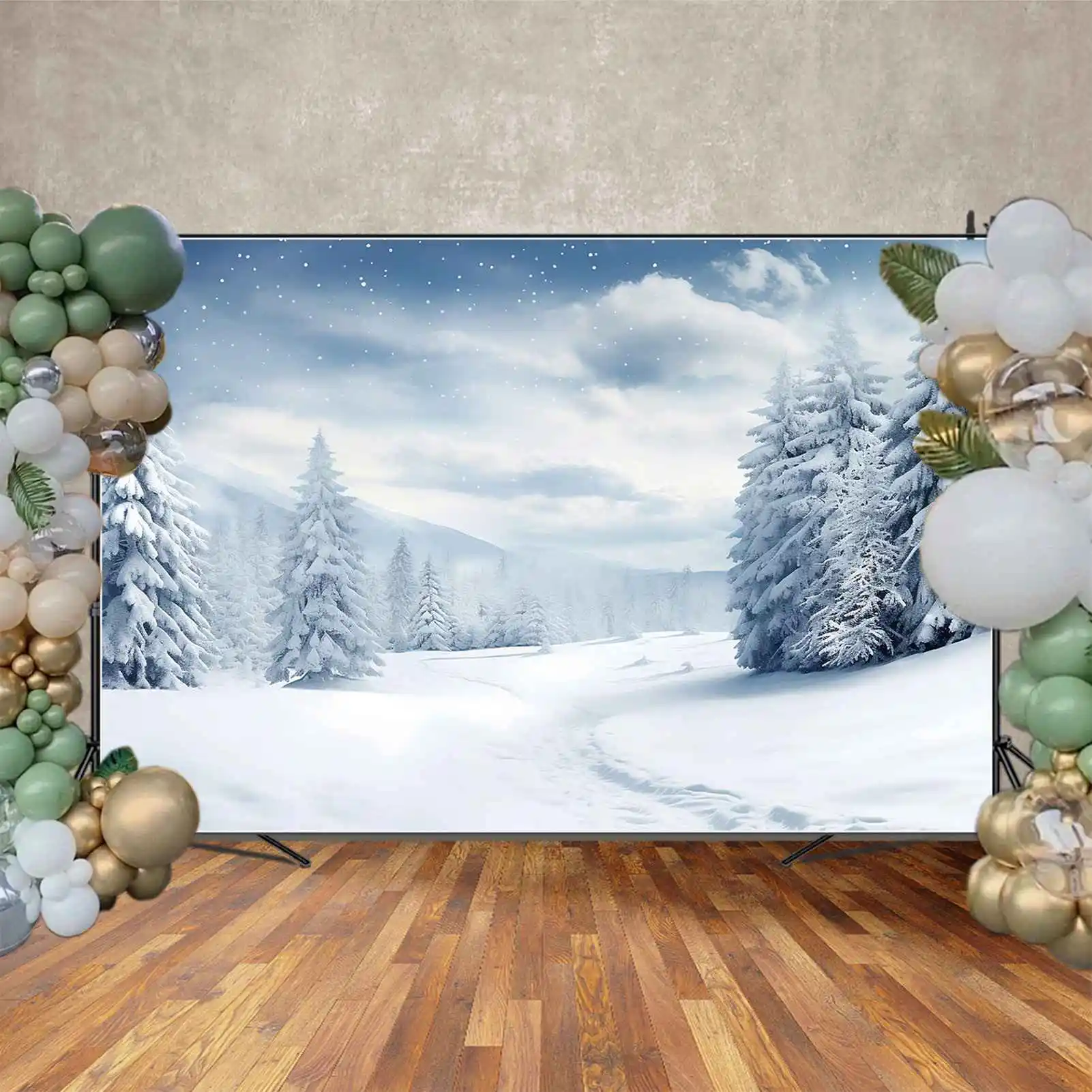 MOON.QG-Fundo Do Floco De Neve, Inverno Photo Booth, Árvores Da Floresta E Montanha, Campo De Neve, Pegada Da Estrada, Fundo Do Feriado, Bluey E Floco De Neve