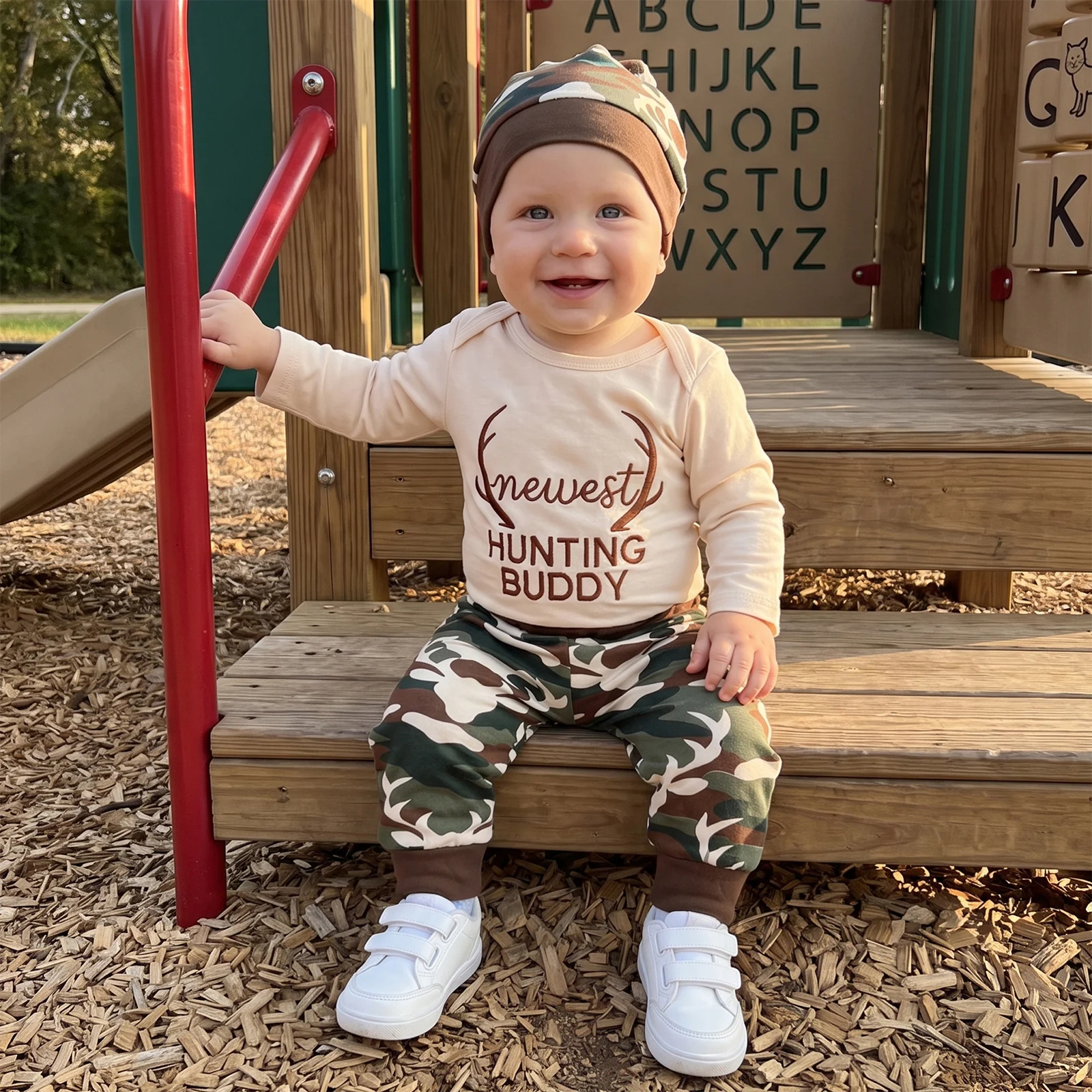 Baby Boy Fall Outfit Letter Embroidery Rompers Camouflage Pants Beanie