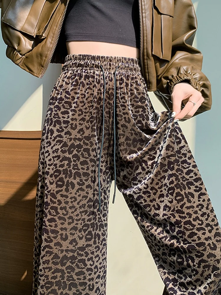 Autumn And Winter New Fashion Women'S Gold Velvet Women'S Pants High Waist Wide Leg Pants Loose Y2K Leopard Print Pants 2025