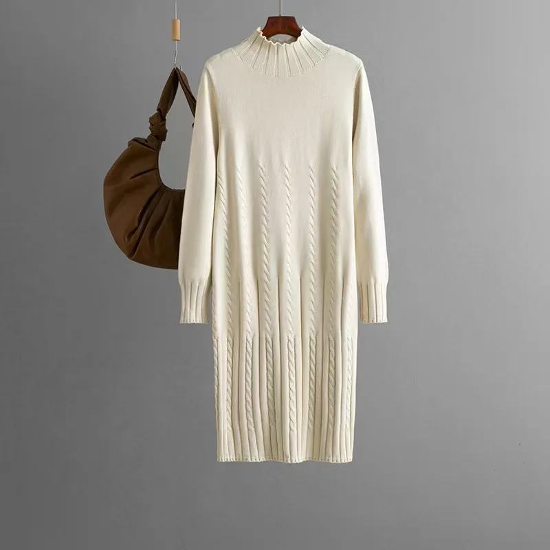 Vestido Midi de Malha em Cor Pura para Outono Inverno, Camada Base de Manga Longa com Cintura Alta para Mulheres