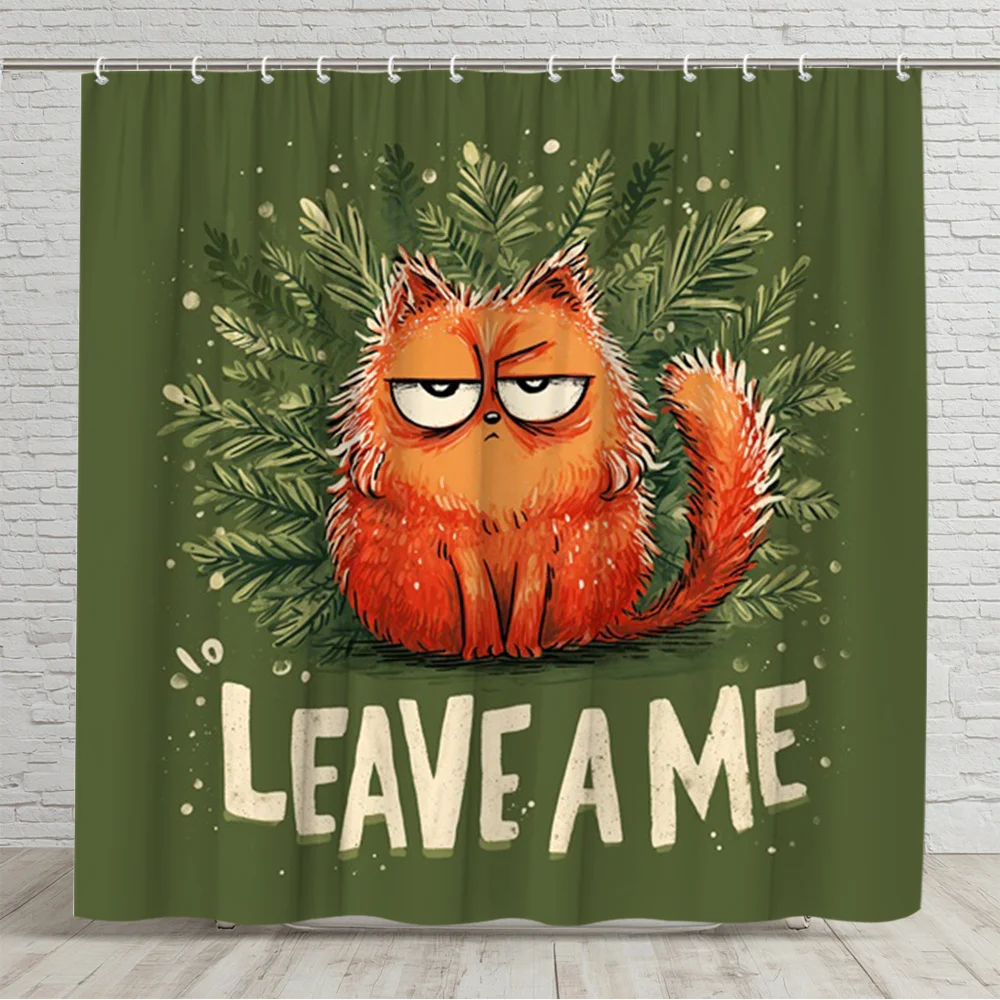 Funny Orange Cat Leaving A Me Christmas Forest Bathroom Shower Curtain Cute Pet Lover Gift Decor