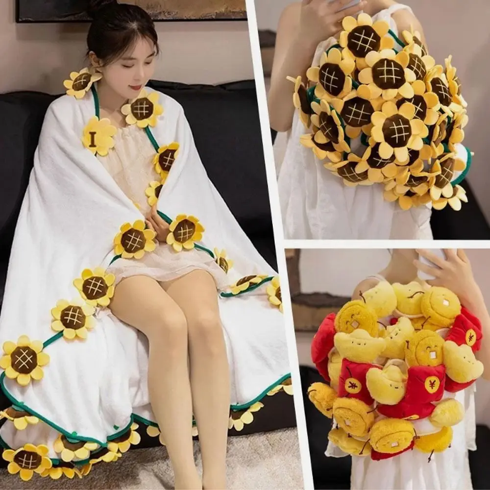 Portable Finished Product Sunflower Bouquet Blanket Plush Soft Nap Blanket Bouquet Blankets Anniversary Gift