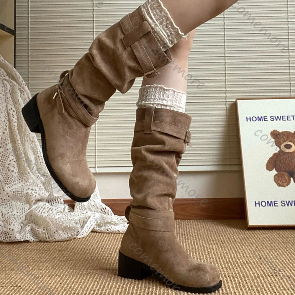 Comemore Platform Thick Heel Women Western Cowboy Boots Fashion Slip On Folded Pile Long Booties Female Shoes Autumn Winter