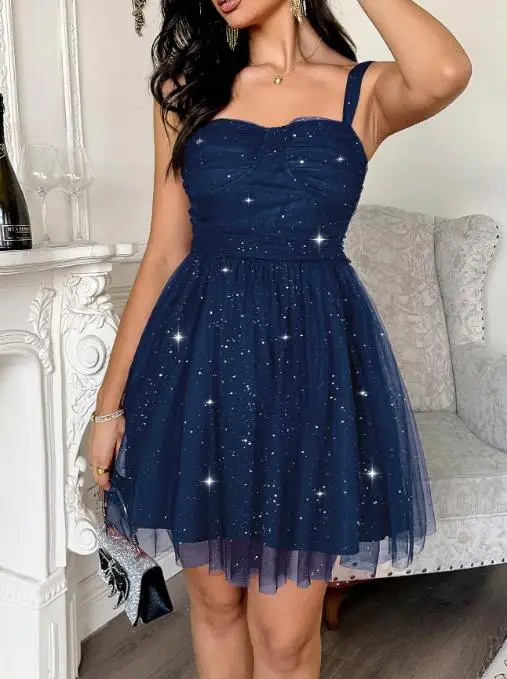 Luxury Evening Dress 2025 Elegant High Waist Dress Sexy Mesh Patchwork Flash Suspender Dress Bow Decoration Mini Party Dresses