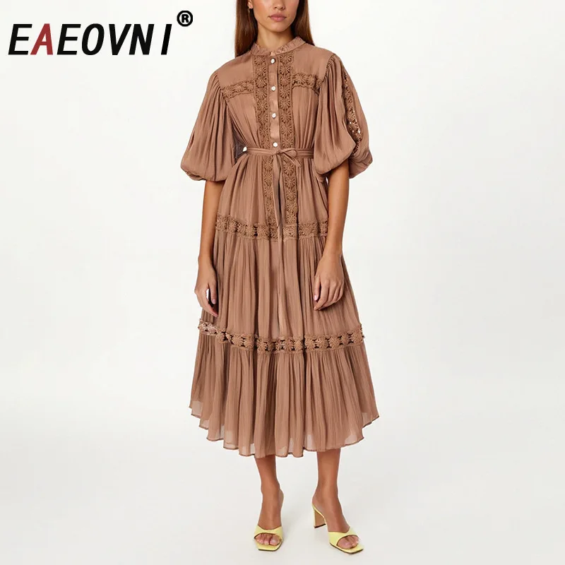 

EAEOVNI Fashion Embroider Hollow Out Dress Women Puff Sleeve Belt Gathered Waist Solid Long Dresses Elegant 2025 New Clothing