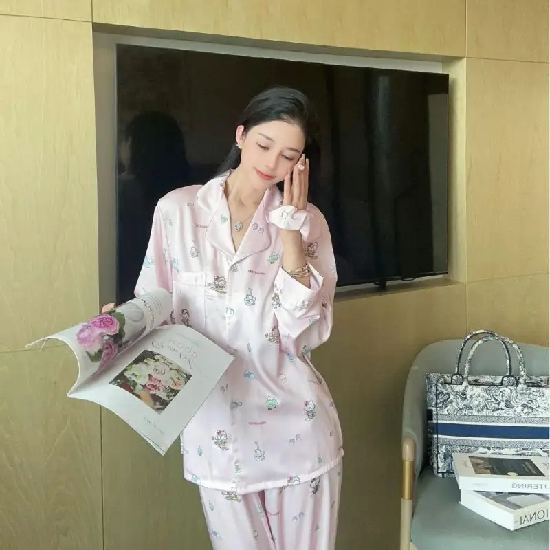 Sanrio Hello Kitty Mr. Plush Pajamas Set Cartoon Summer Ice Silk Long Sleeve Homewear Anime Comfortable Nightwear Cute Girl Gift