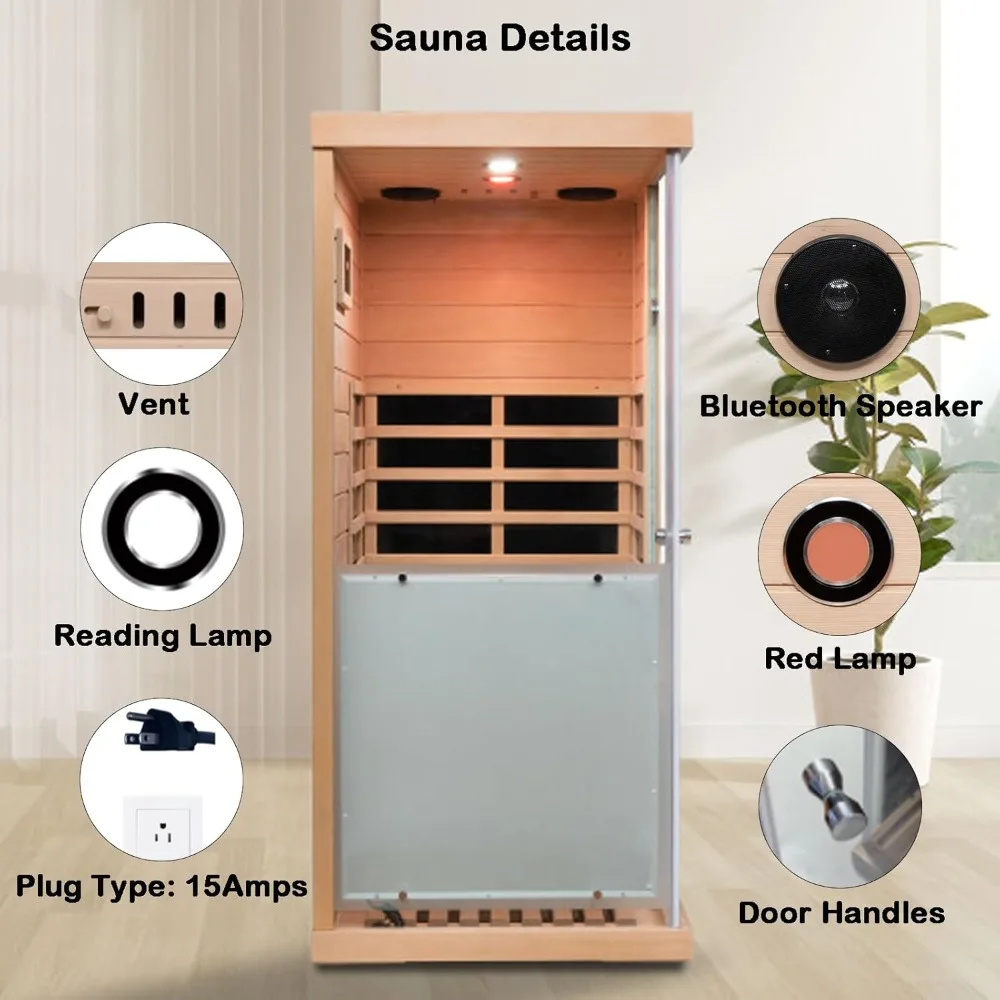 Hemlock Deluxe Mini Indoor Sauna 1 Person, Far Infrared Sauna at Home, Wooden Dry Sauna 1060w with 6 Far Infrared Heating Plate