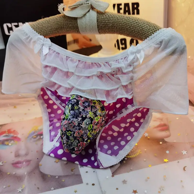 

Man's Floral Chiffon Hem Cute Design Unisex Panties Briefs Live Show Dance Costumes Private Party Club BF Gift Harajuku