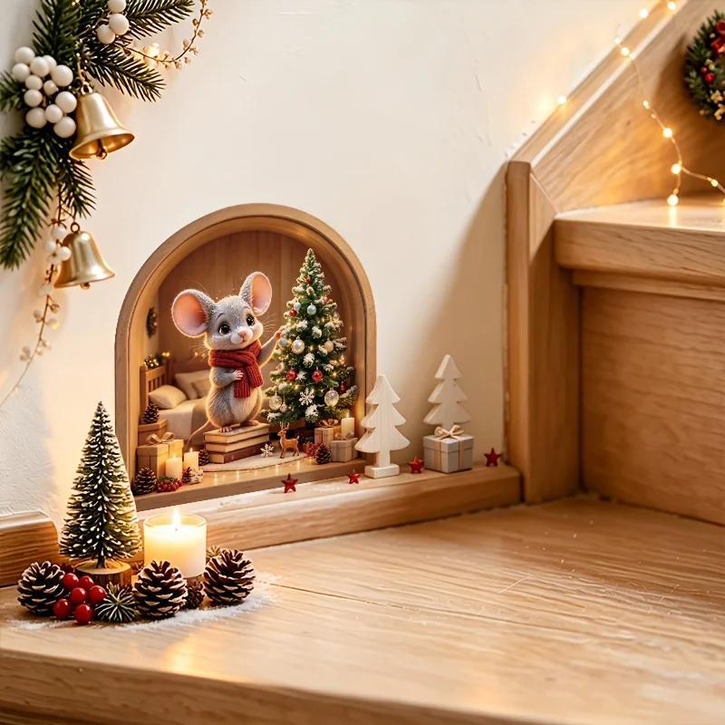 1Pc 2D Cute Christmas Mouse Slim Wall Sticker, Removable Xmas Tree Gift Decal for Bathroom Living Room Home Party