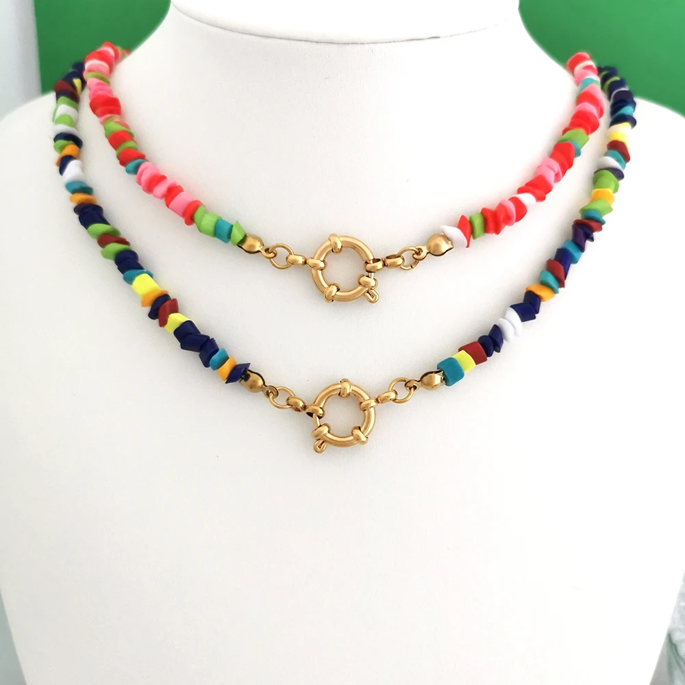 

QMHJE Necklace Women Choker Irregular Glass Beads Rainbow Stainless Steel Clasp Sailor Buckle Base Chain Gold Color Boho Colors