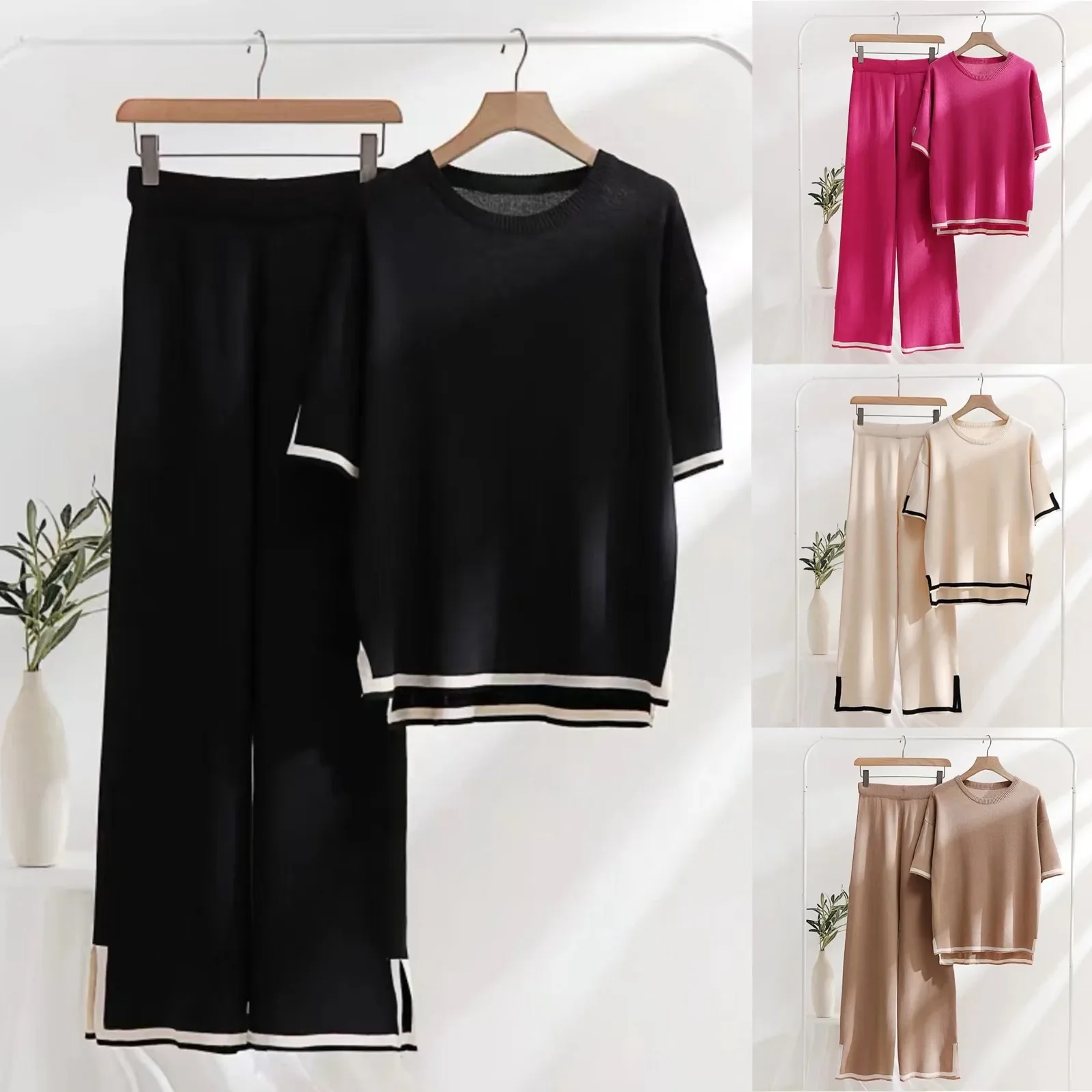 Solid Elegant Chic Women Outfits For Summer O-neck Contrast Split Short Sleeve Knit Two Piece Set Loose Wide Leg Pant Set E3505