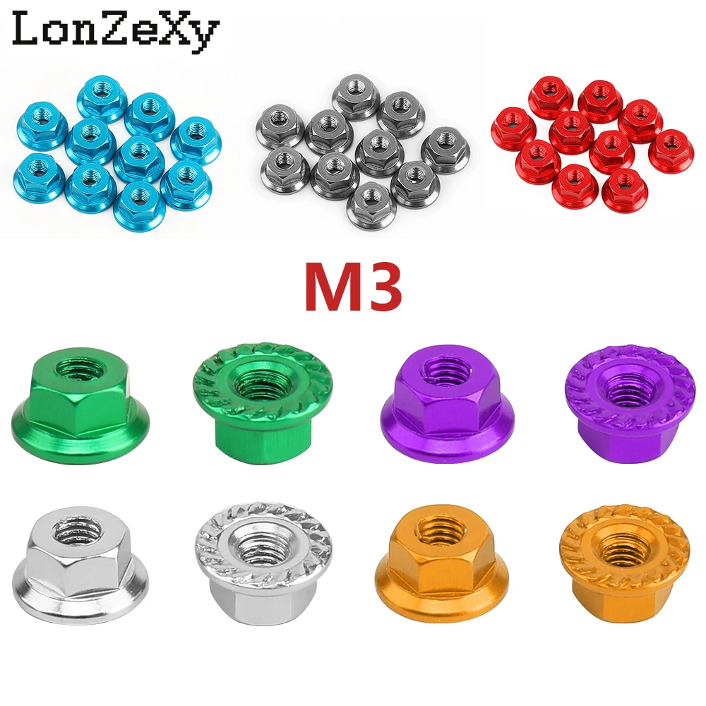 10pcs/lot CNC Multi-Color Aluminum Alloy M3 Flange Lock Nut for 1/10 1/14 RC Car Truck Crawler Drift Universal Wheels Part