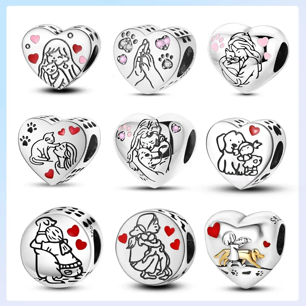 Original 925er Silber vergoldet Mädchen Welpe Freundschaft Charm Perle Muttertag Herz Familie Anhänger passend für Armband Damen Schmuck Geschenke