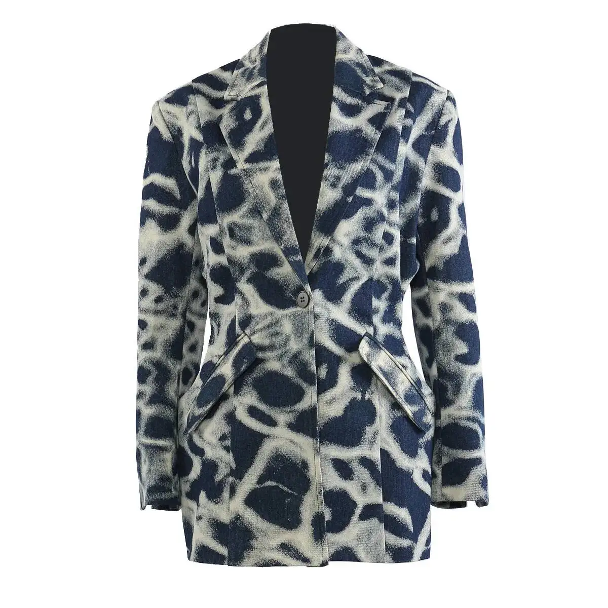Fashion Tie-Dye Denim Hollow Design Blazer Women's Lapel Loose Single Button Long Sleeves Suit Jacket Spring Autum C0MQ