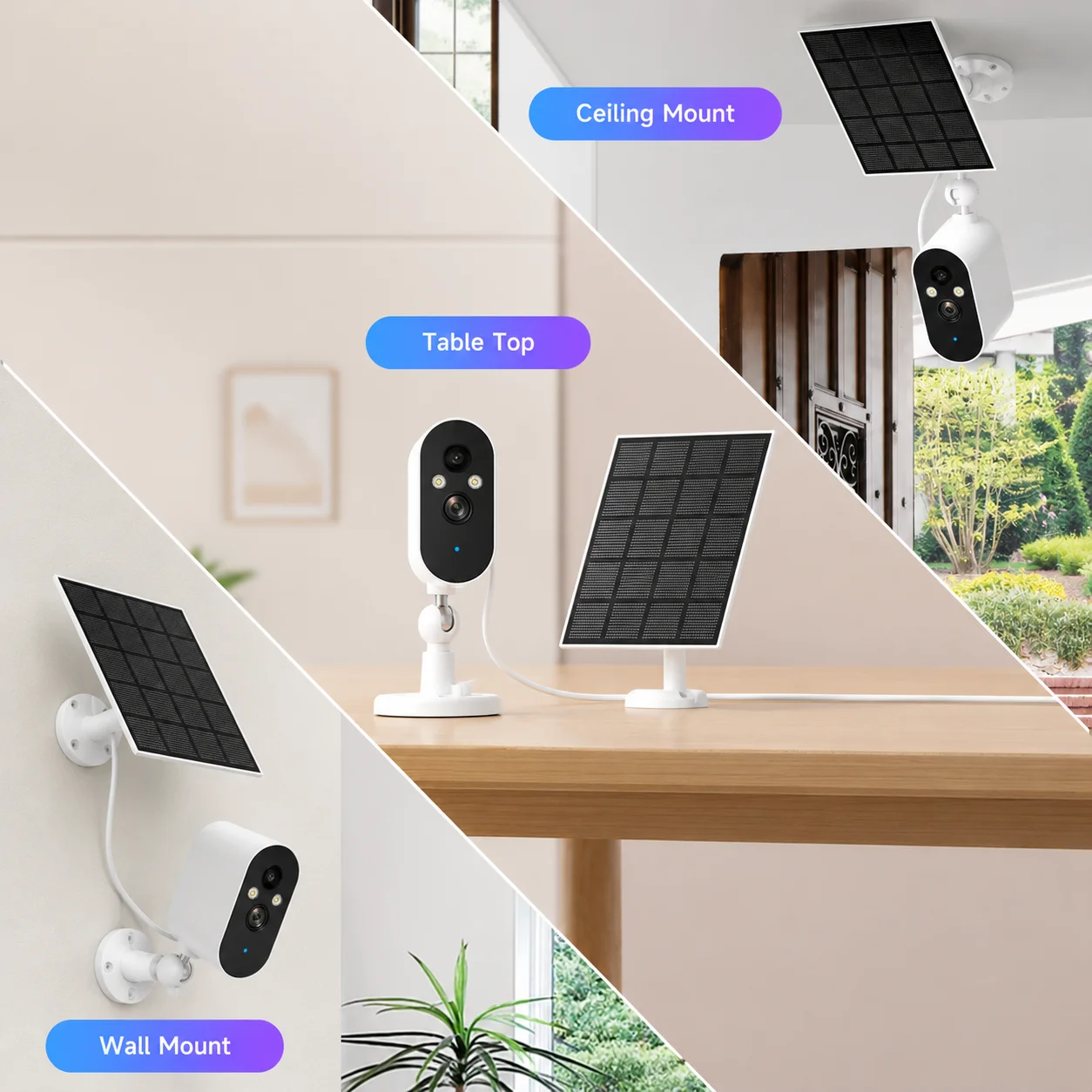 Low-Power Solar Camera with 2 High-Power LEDs, 1-Month Standby, PIR+Human Detection, 90° Detection Angle, APP Alert