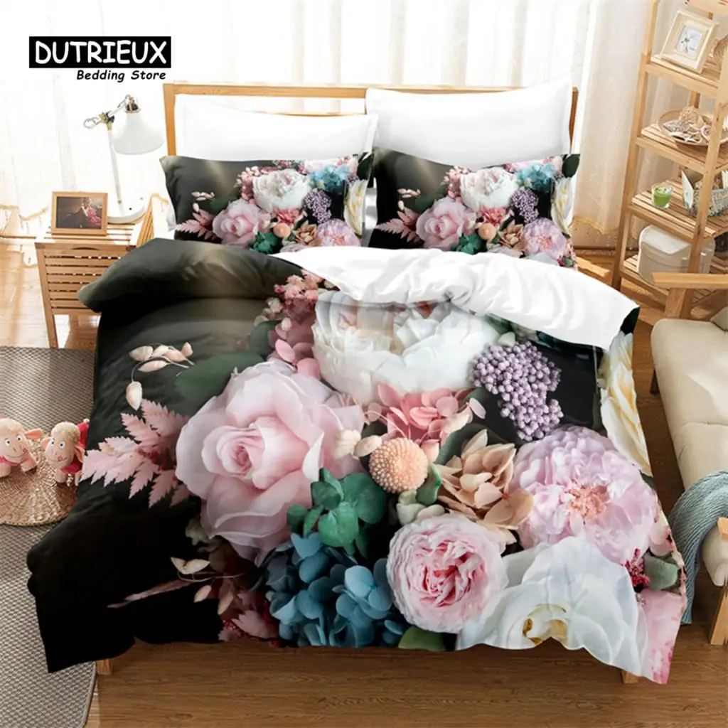 Beautiful Flowers Bedding Set, 3Pcs FlowerDuvet Cover Set, Soft Comfortable Breathable Duvet Cover, For Bedroom Guest Room Decor