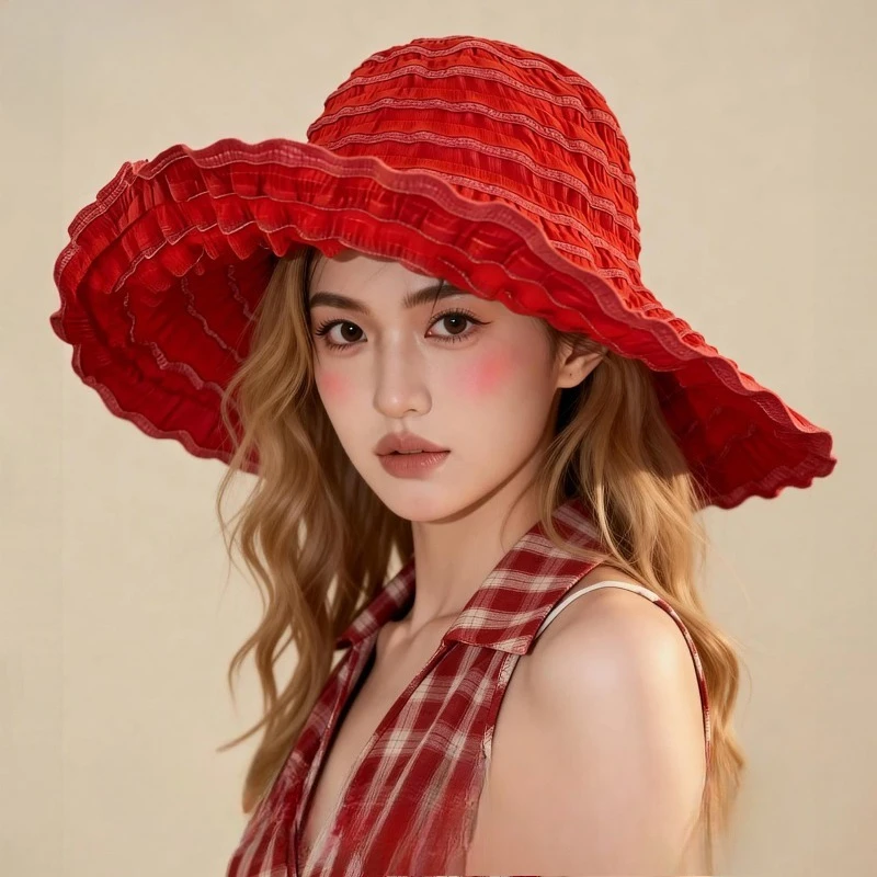2026 Neuer Koreanischer Übergroßer Bucket Hat für Damen, Sommer-Urlaubs-Mode, Faltbare Atmungsaktive Gestreifte Sonnenkappe, Casquette Femme