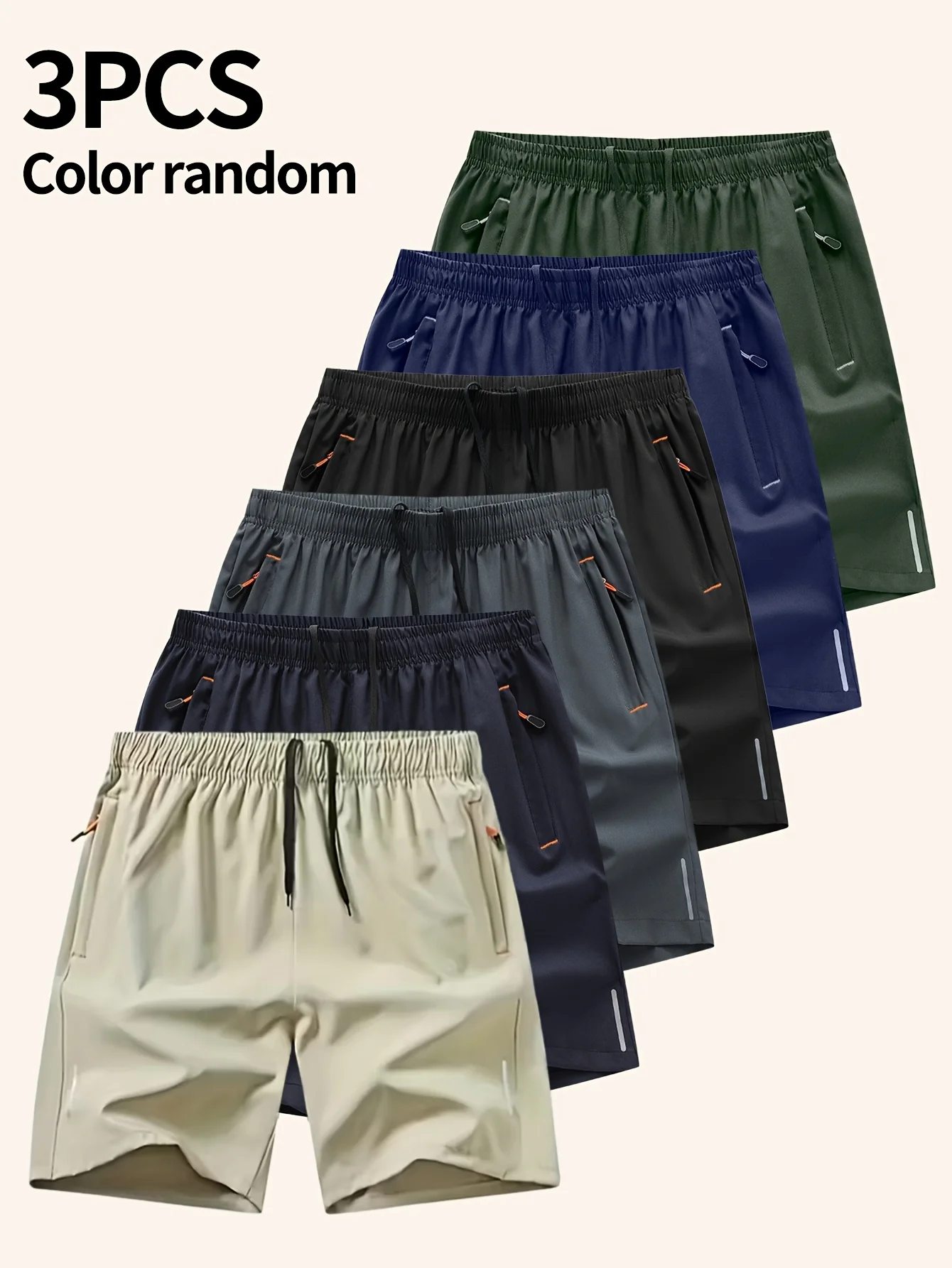 

3PCS color random send 3-piece set of quick drying shorts with zipper opening and reflective strip design for night running, four seasons, solid color shorts for leisure, outdoor sports, daily fitness training, running, comfortable and breathable wearing