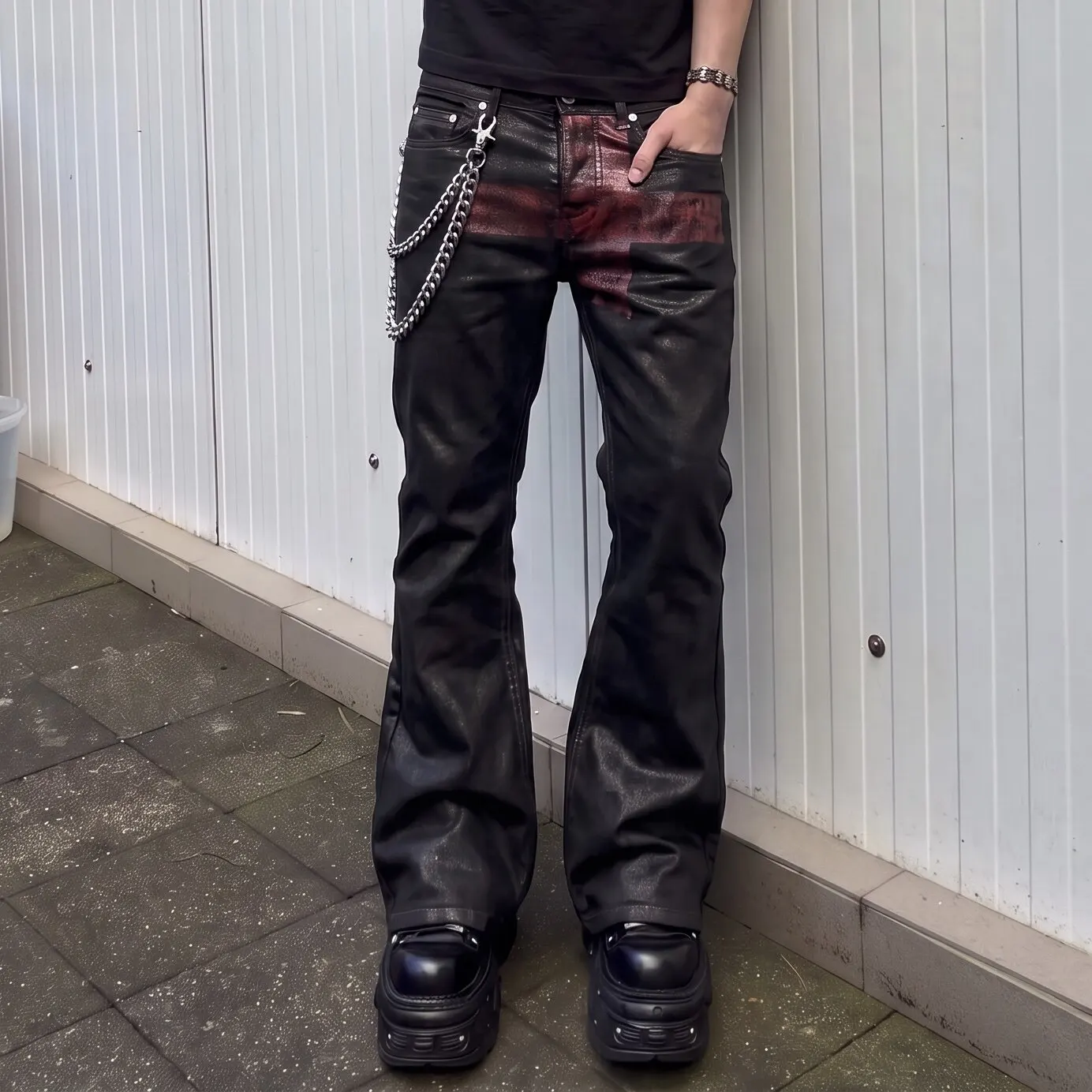 Mens Black Waxed Jeans Irregular Red Painted Design Fit Slight Flare Denim Pants for Alternative Streetwear Looks